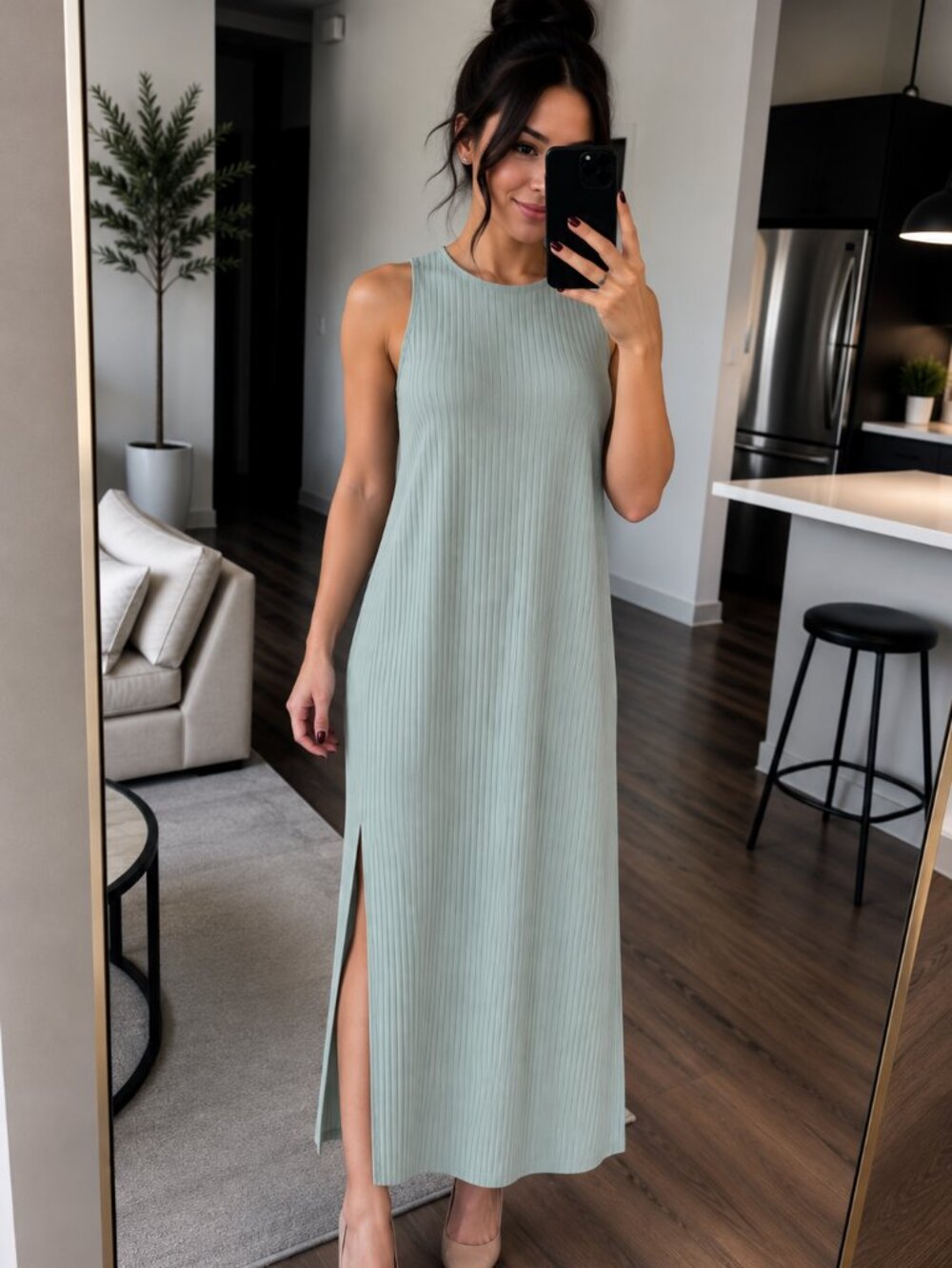 LCW Comfort Sage Green Ribbed Sleeveless Midi Maxi Dress